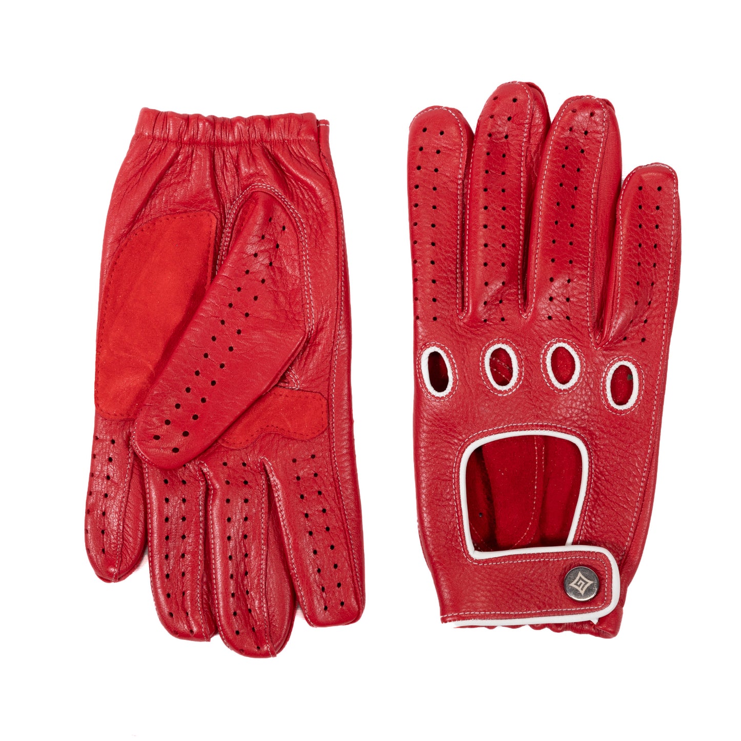 Men's deerskin driving gloves with snap closure and contrast color details