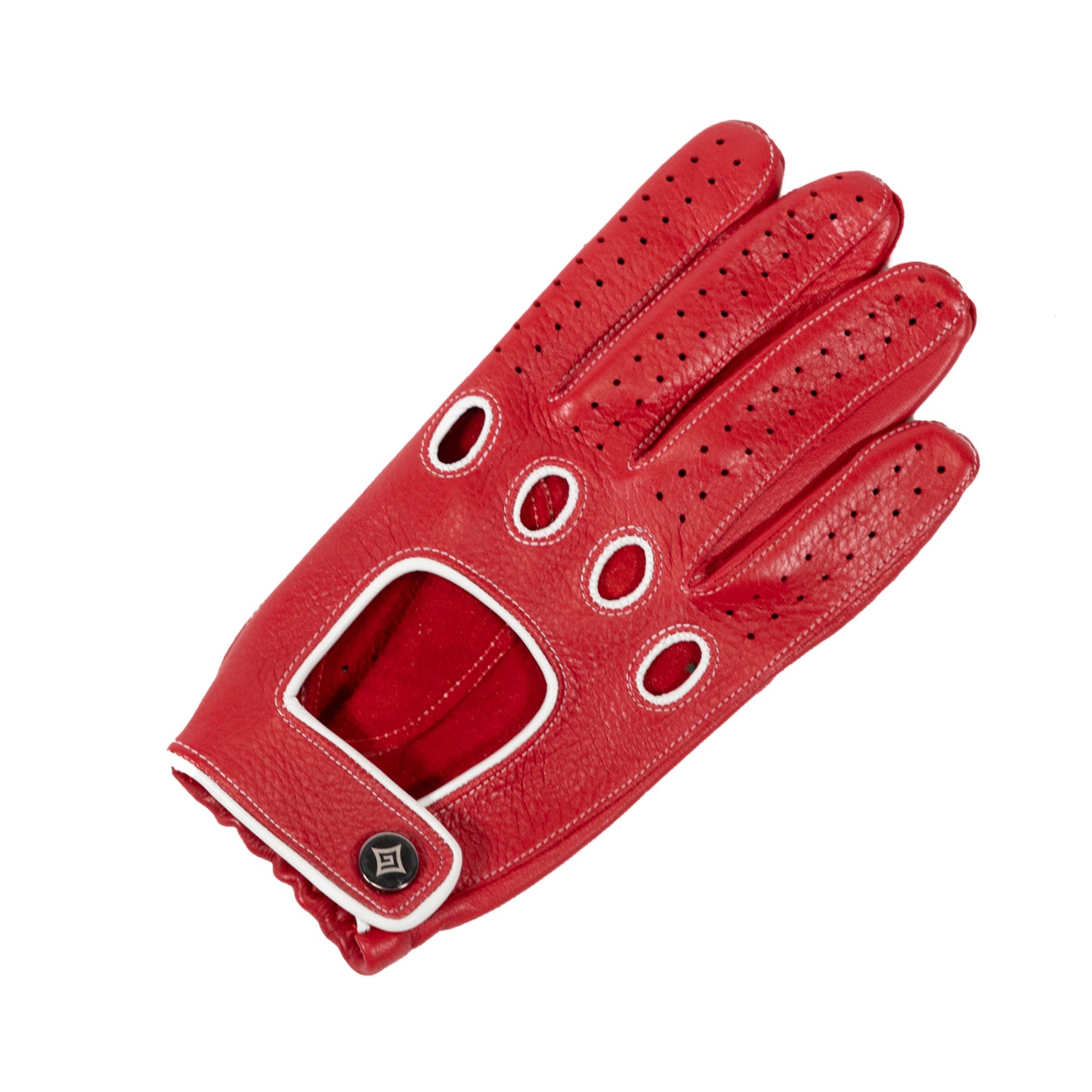 Men's deerskin driving gloves with snap closure and contrast color details