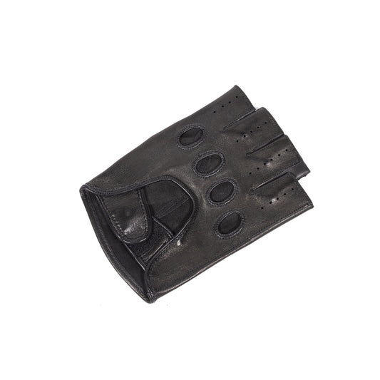 Mens black leather half-finger driving gloves featuring a strap closure and perforated detailing for breathability and style.