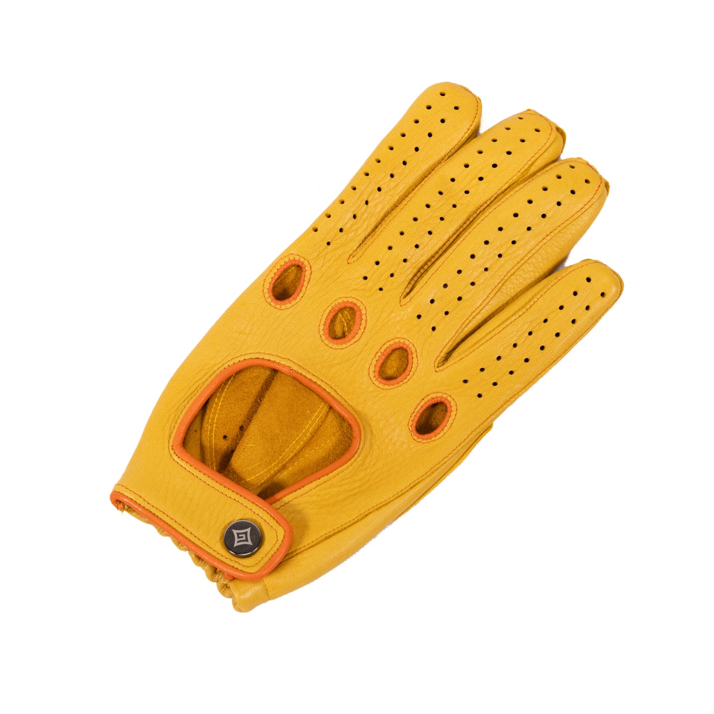 Men's deerskin driving gloves with snap closure and contrast color details