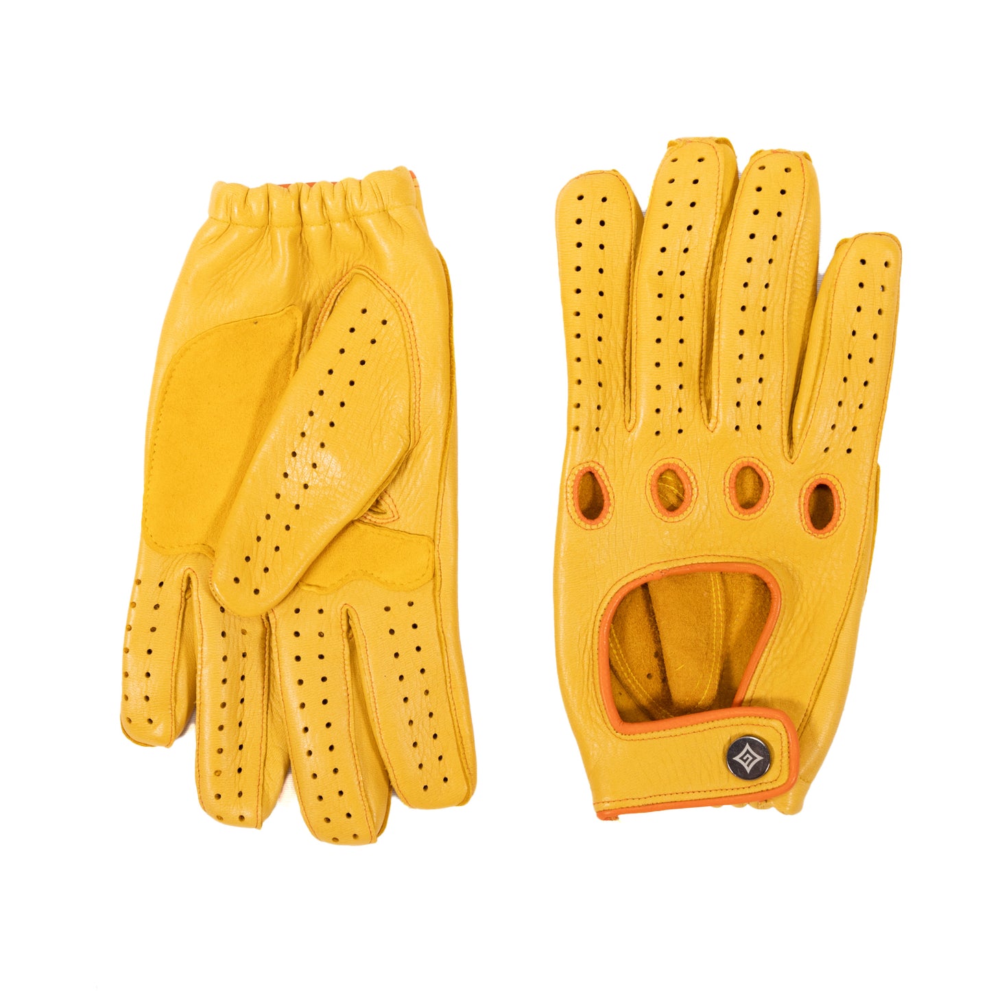 Men's deerskin driving gloves with snap closure and contrast color details