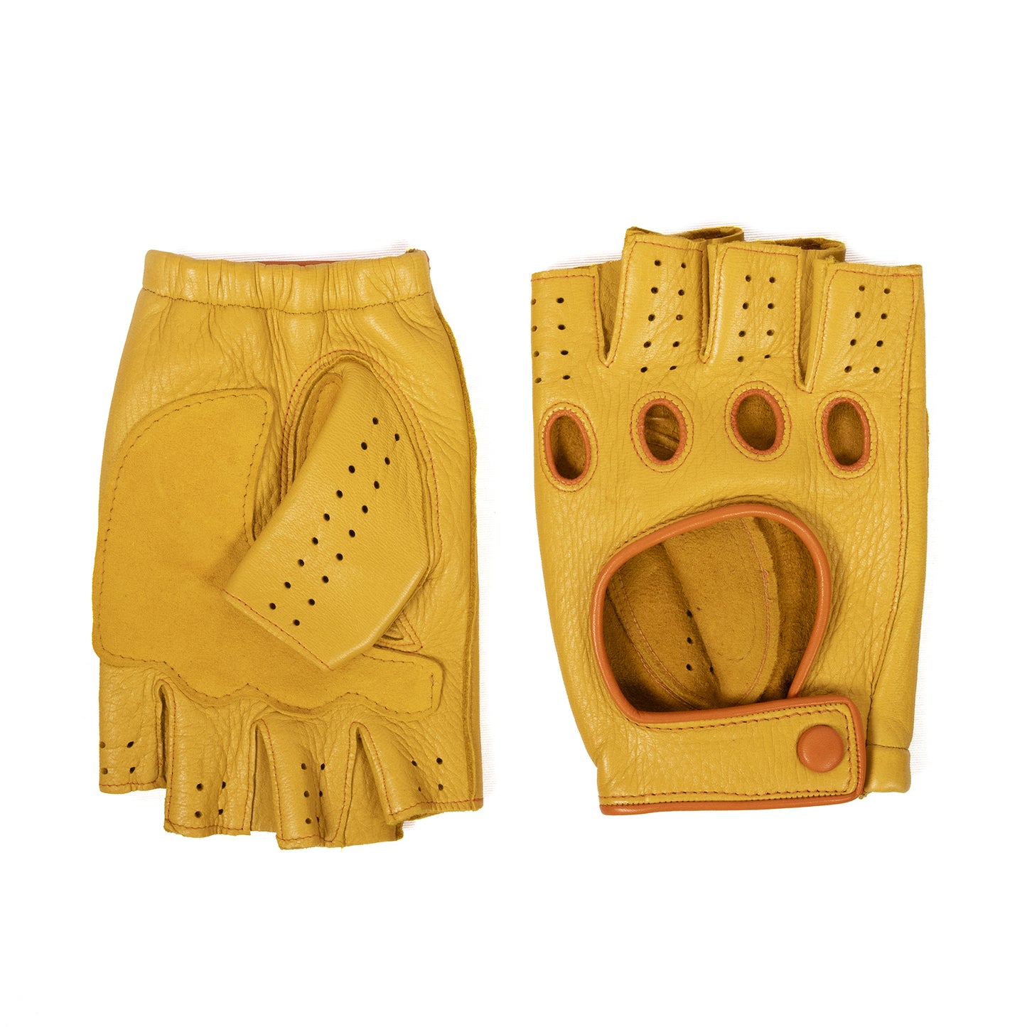 Men's deerskin driving gloves with snap closure and contrast color details
