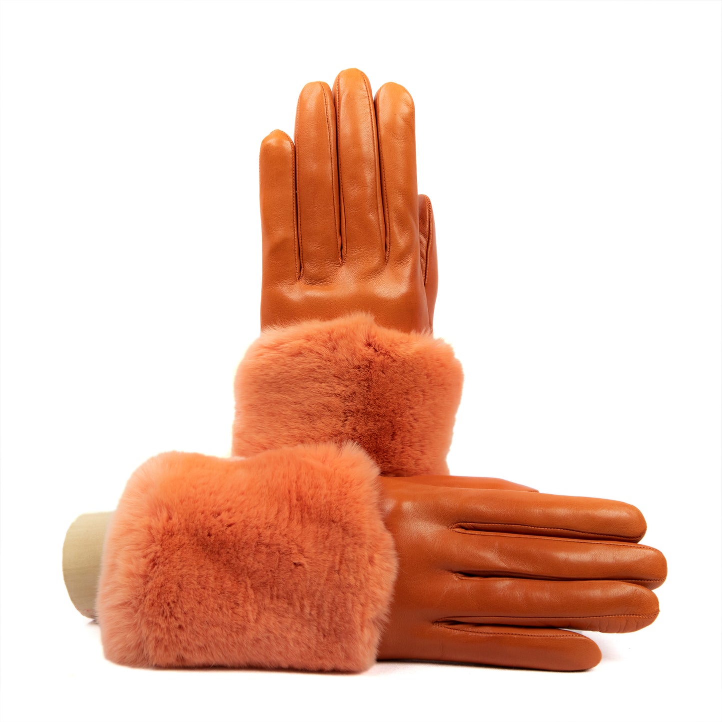 Women's orange nappa leather gloves with a real fur panel on the top and cashmere lined