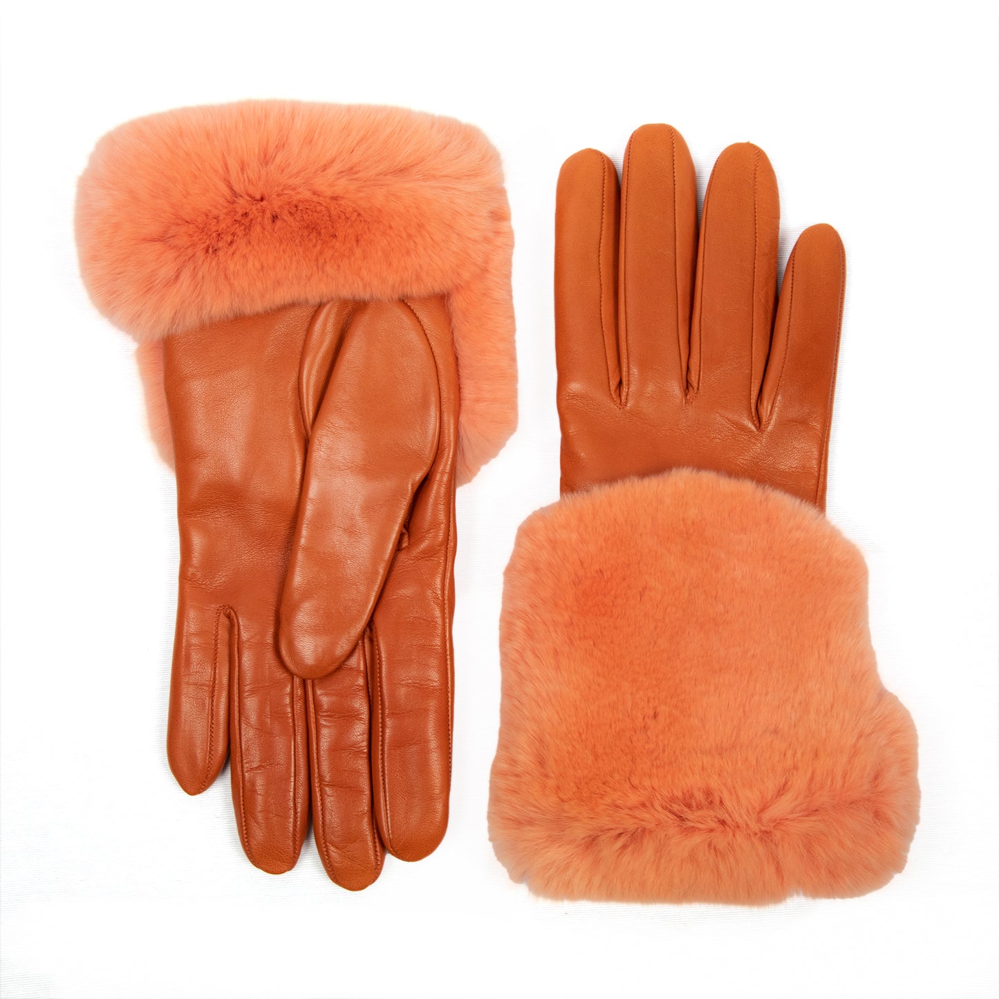 Women's orange nappa leather gloves with a real fur panel on the top and cashmere lined