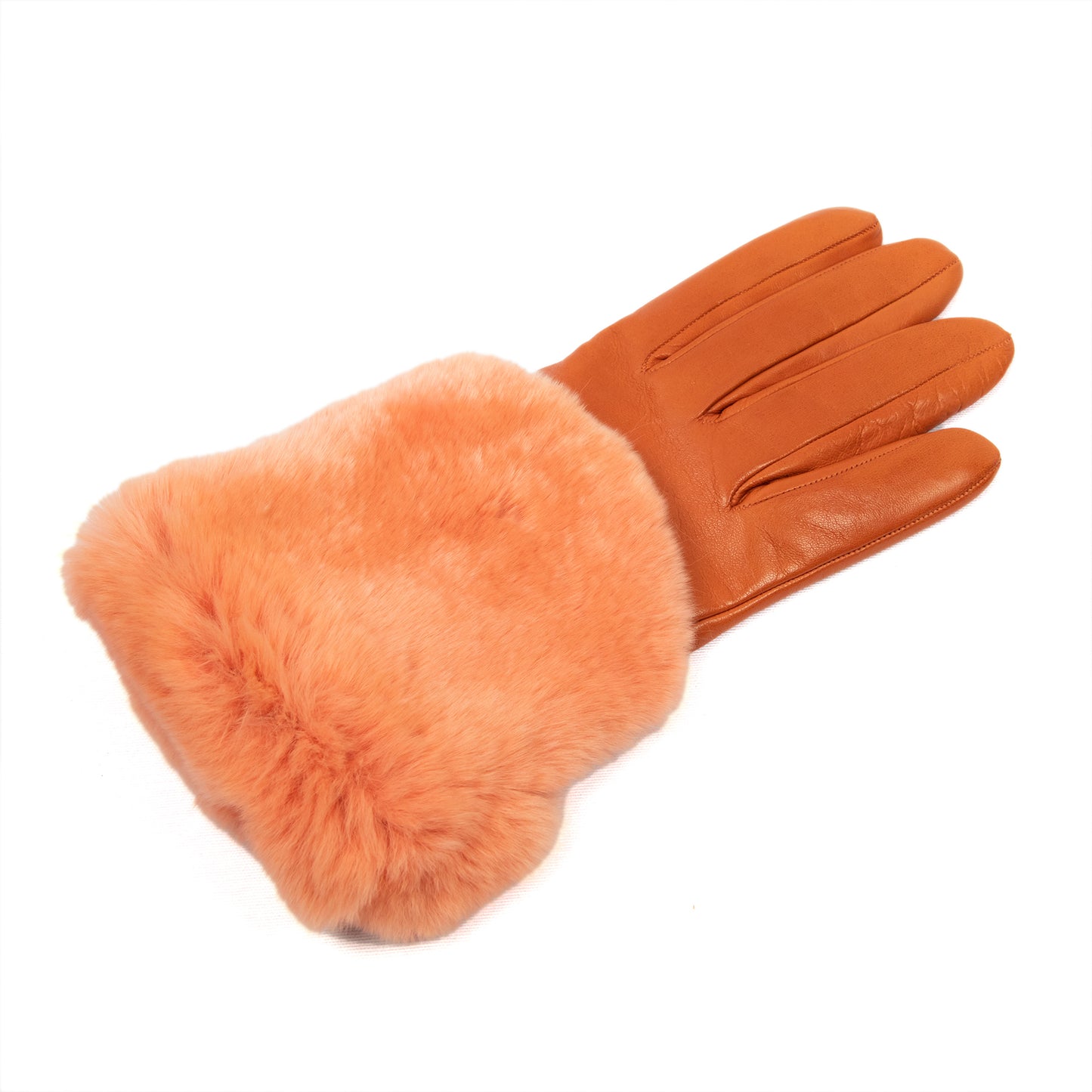 Women's orange nappa leather gloves with a real fur panel on the top and cashmere lined
