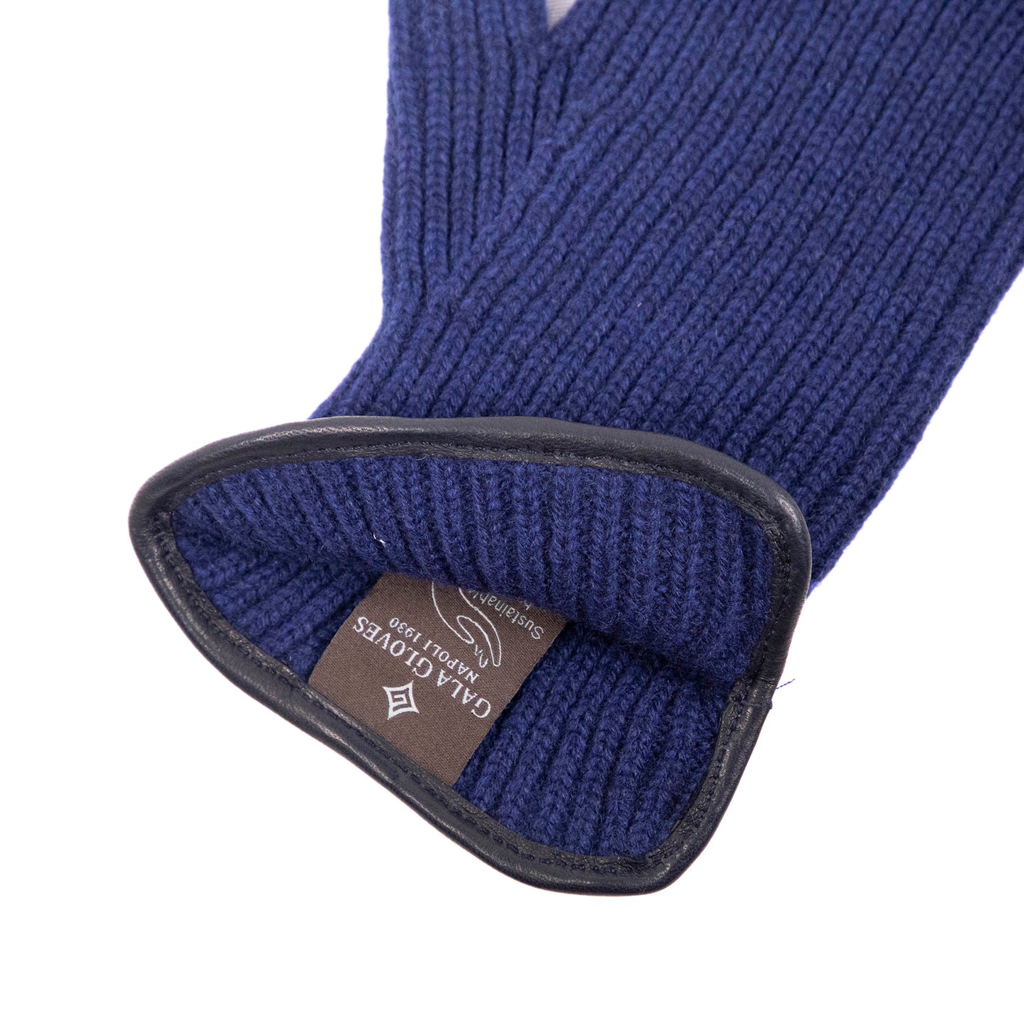 Men's natural blue cashmere gloves with side opening and chrome-free leather piping