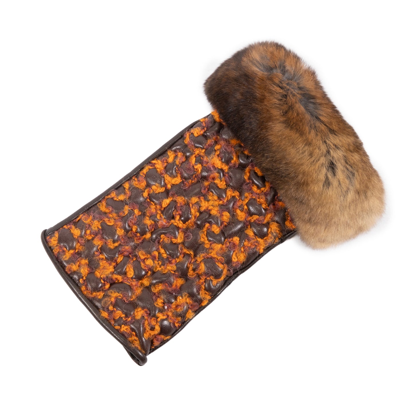 Ladies' fingerless nappa leather gloves featuring a vibrant orange bouclè design and luxurious fur trim for elegant warmth.