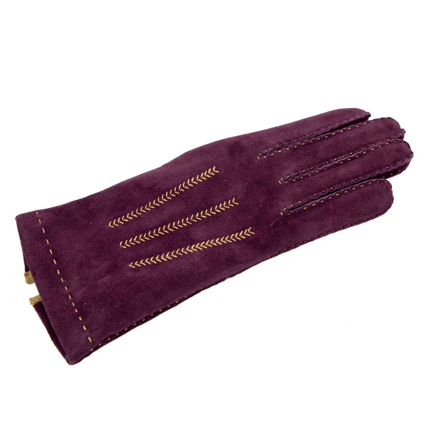 Hand-sewn women's suede leather gloves in deep purple, featuring elegant golden stitching for a luxurious touch.