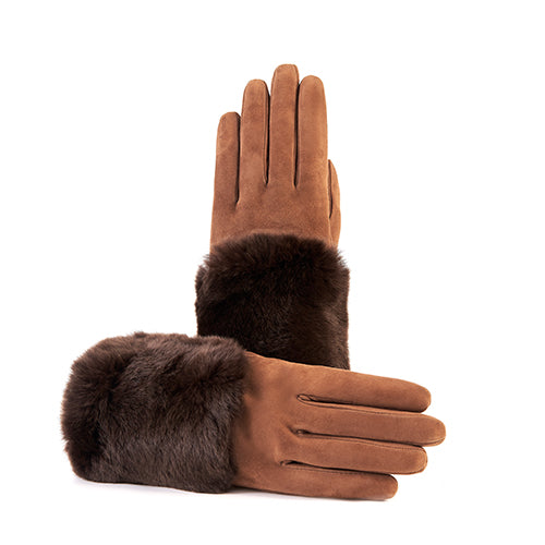 Guanti da donna in suede con pannello di vera pelliccia sul dorso