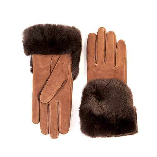 Guanti da donna in suede con pannello di vera pelliccia sul dorso