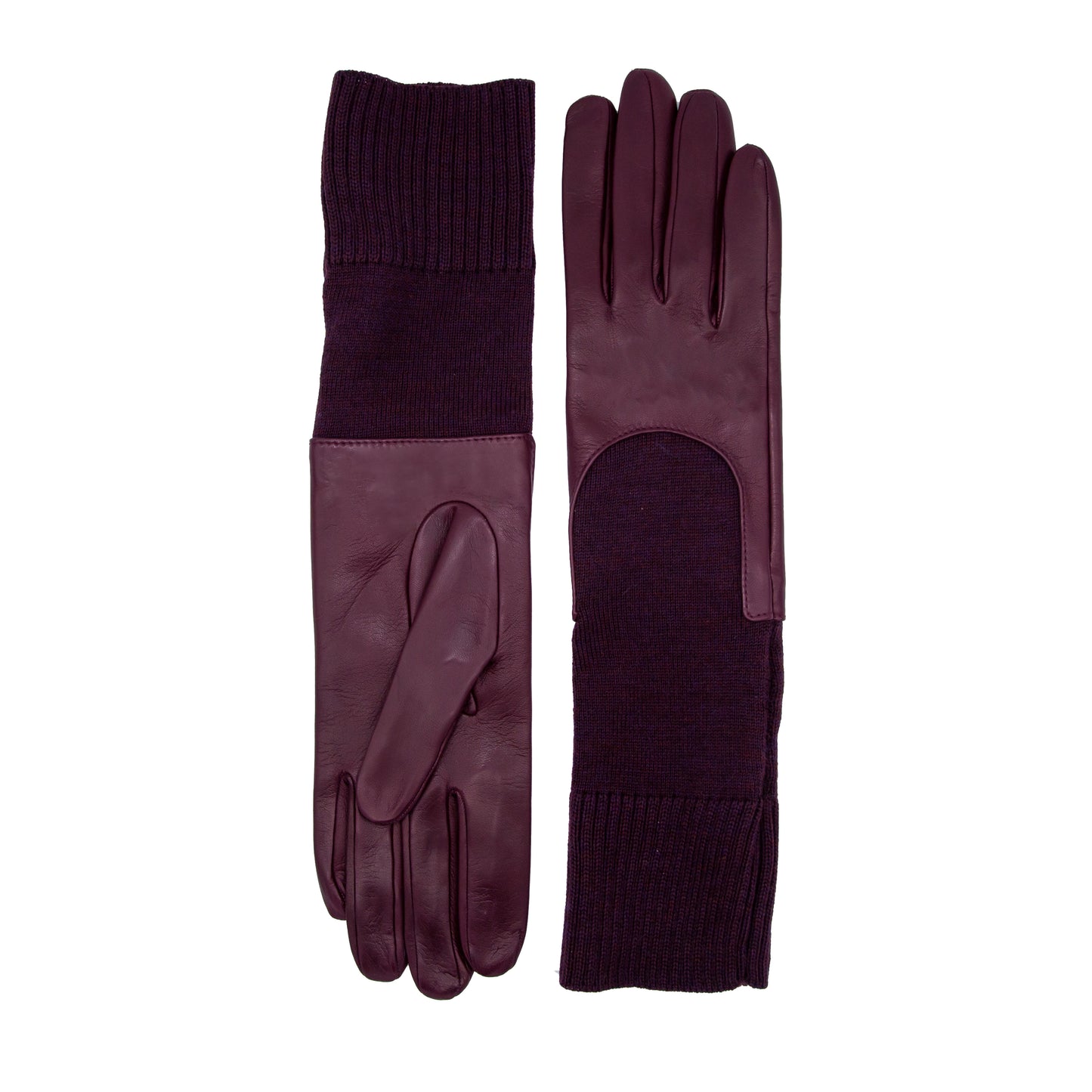 Women's unlined burgundy sheepskin gloves with medium-lenght wool sleeve