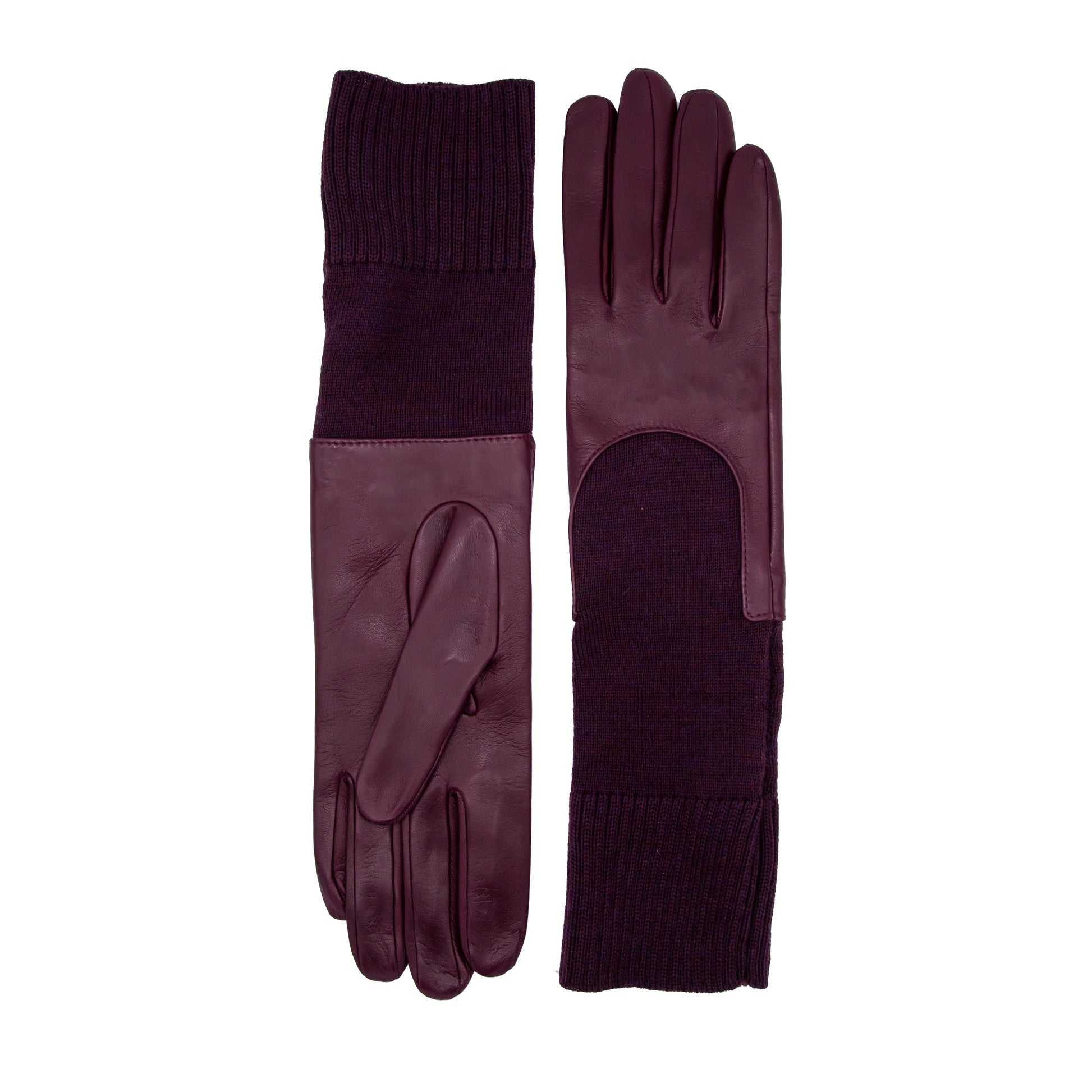 Women's unlined burgundy sheepskin gloves with medium-lenght wool sleeve
