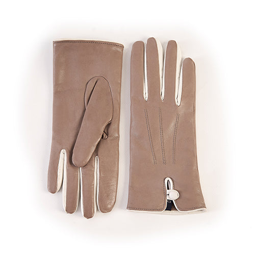 Women's taupe nappa leather gloves with button and cashmere lining