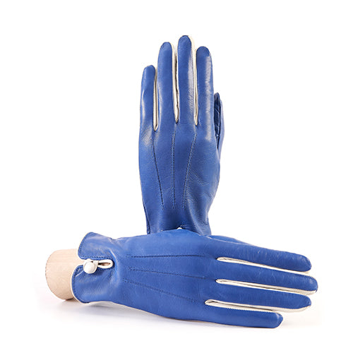 Women's teal nappa leather gloves with button and cashmere lining