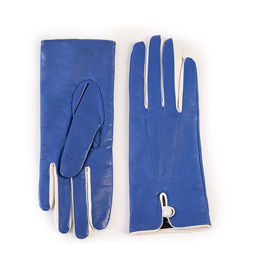 Women's teal nappa leather gloves with button and cashmere lining