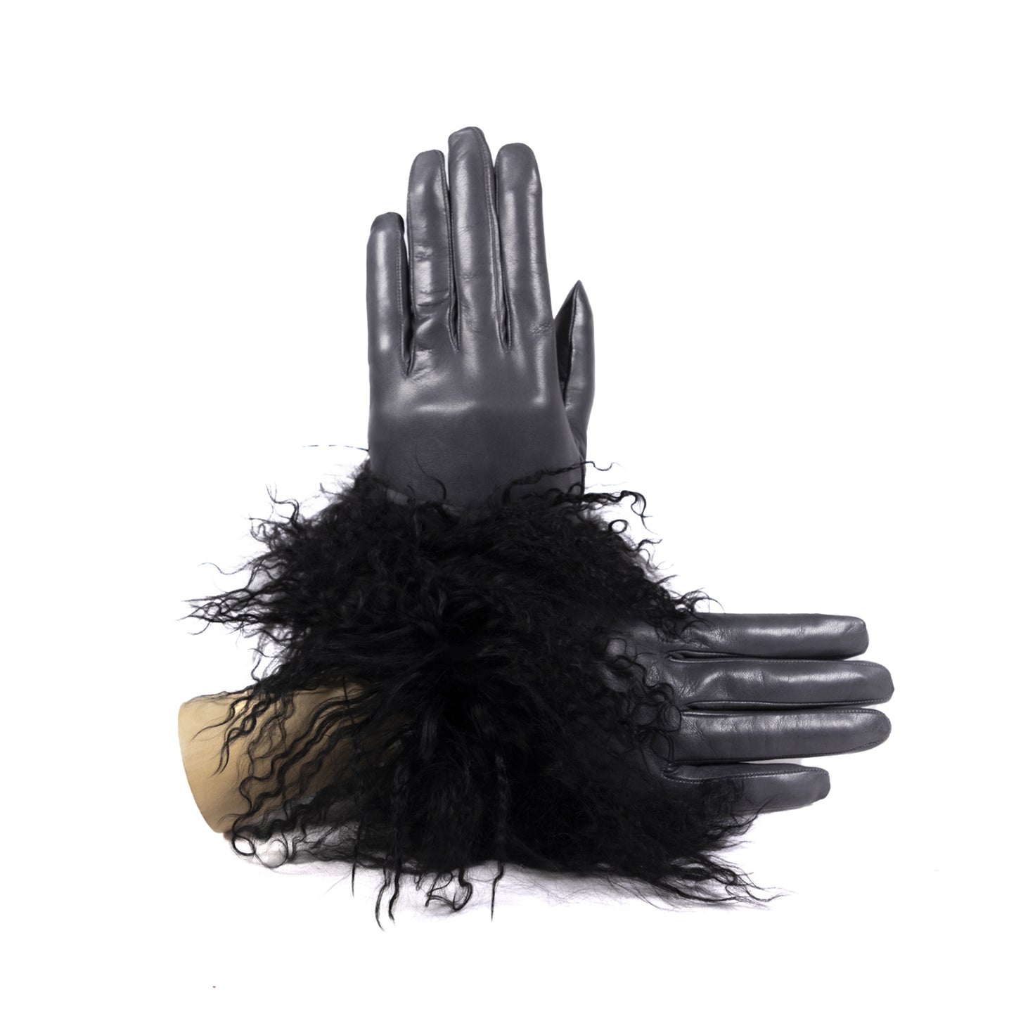 Women's gloves in soft nappa leather with pluffy Mongolian fur