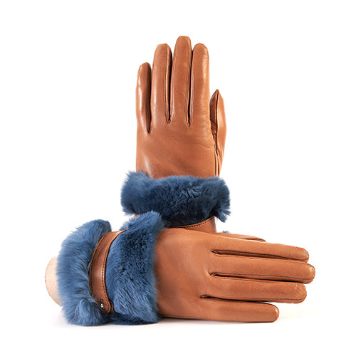 Ladies' nappa leather gloves with large natural fur cuff and strap, cashmere lining