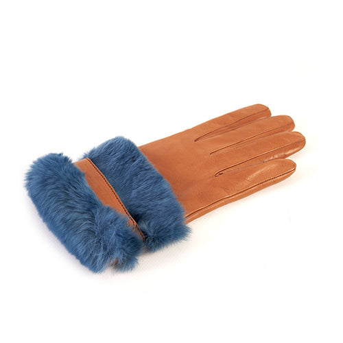 Ladies' nappa leather gloves with large natural fur cuff and strap, cashmere lining