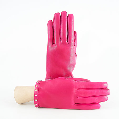 Woman's fuxia nappa leather gloves with Swarovski studs