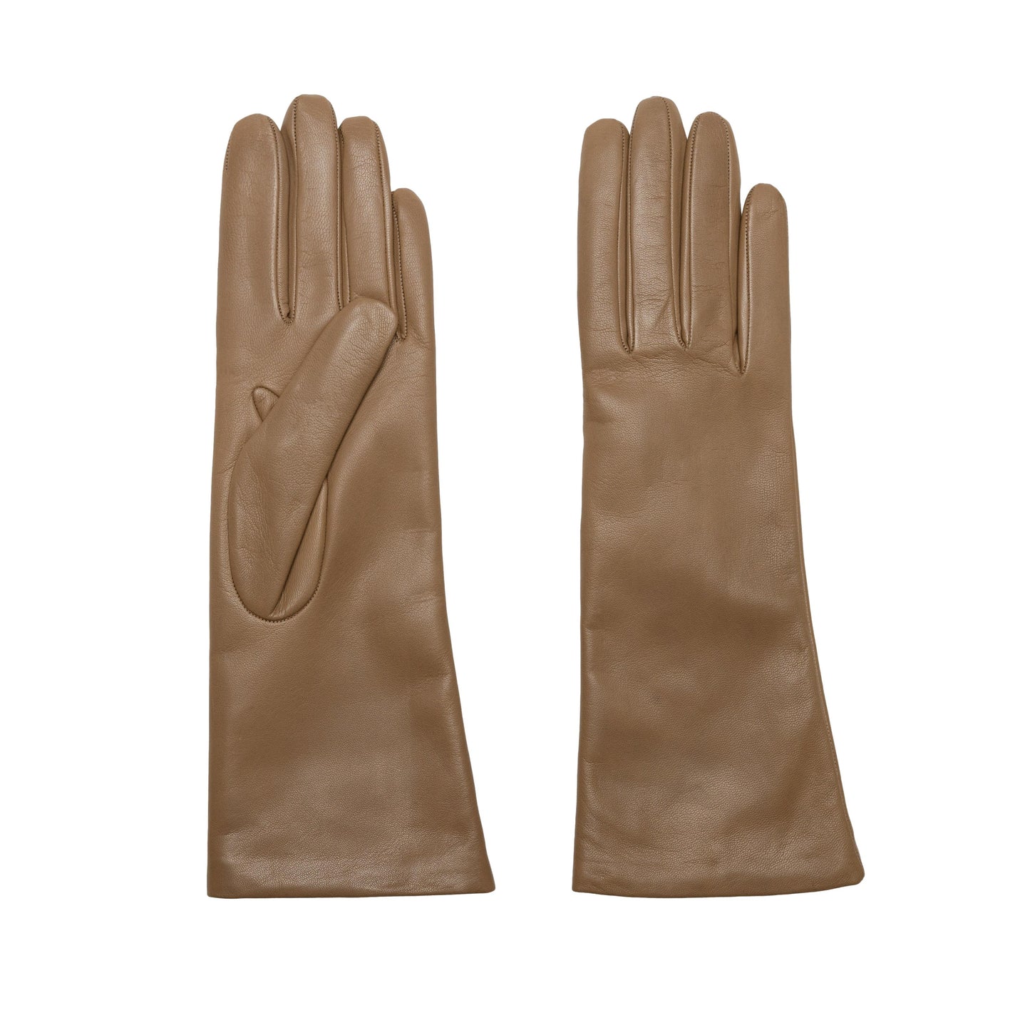 Women's classic taupe mid lenght metal free nappa leather gloves with natural cashmere lining