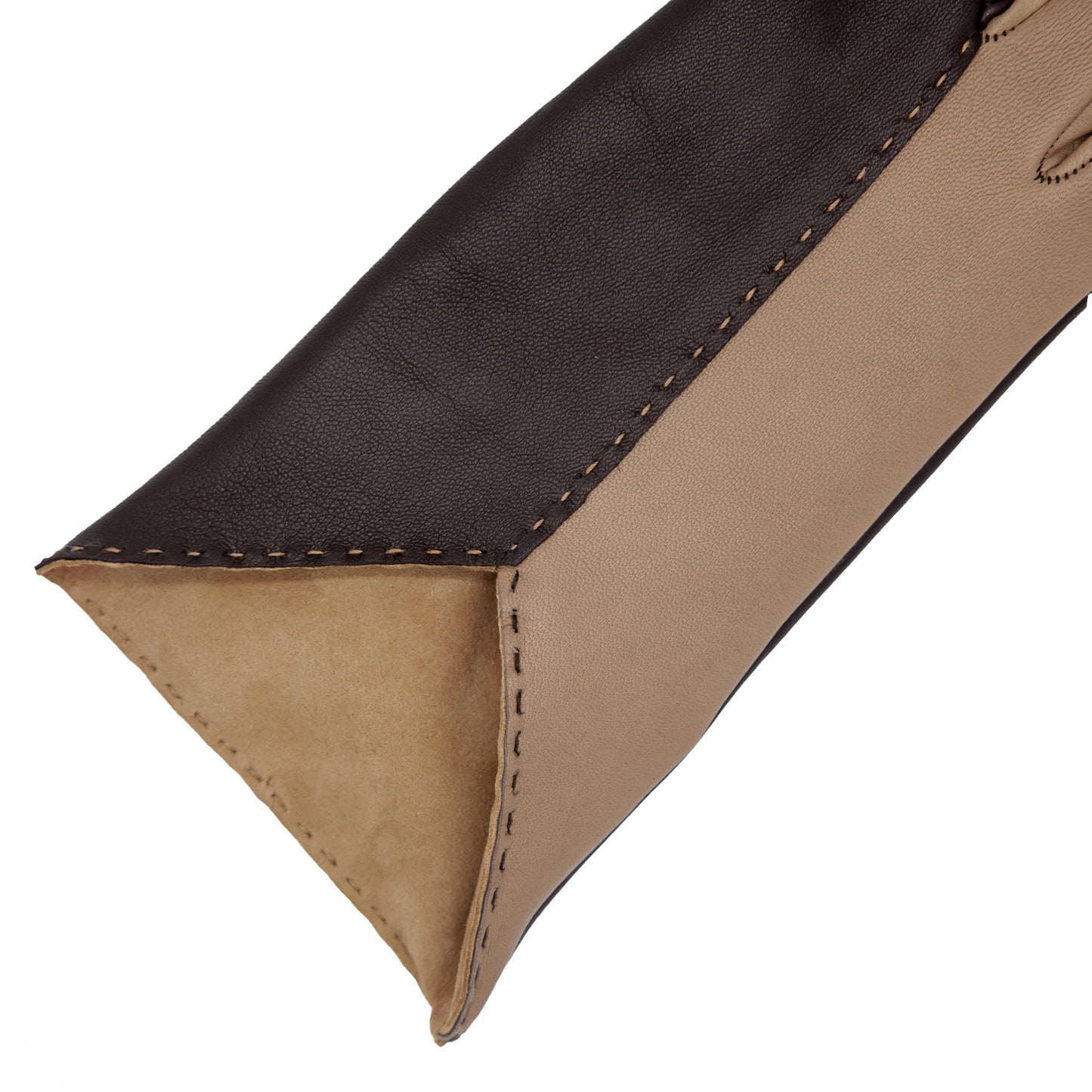 Women's brown and taupe metal free nappa leather gloves unlined with sustainable cashmere lining