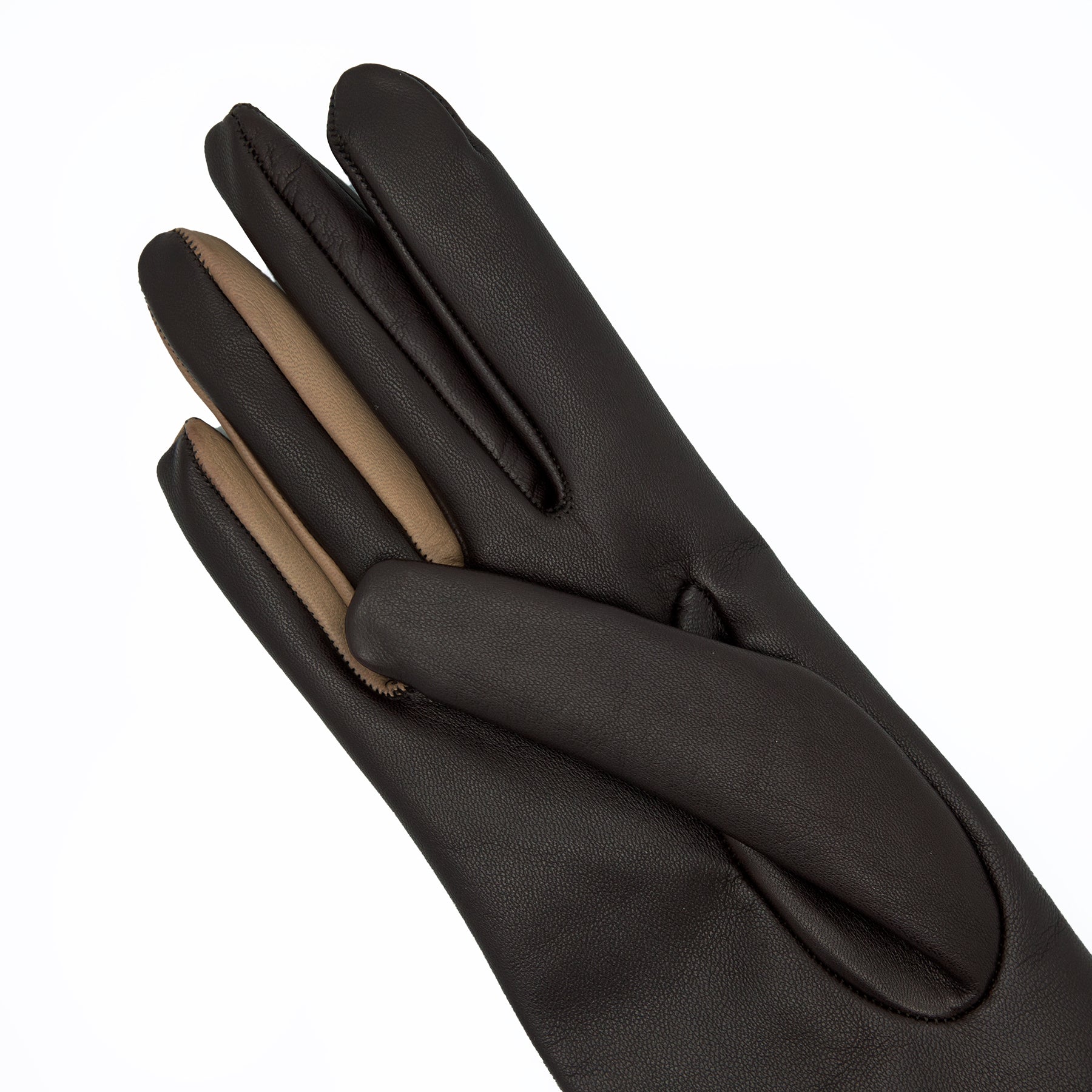 Women's brown and taupe metal free nappa leather gloves unlined with sustainable cashmere lining