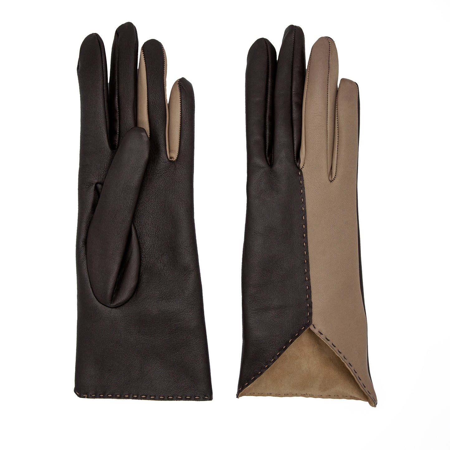Women's brown and taupe metal free nappa leather gloves unlined with sustainable cashmere lining