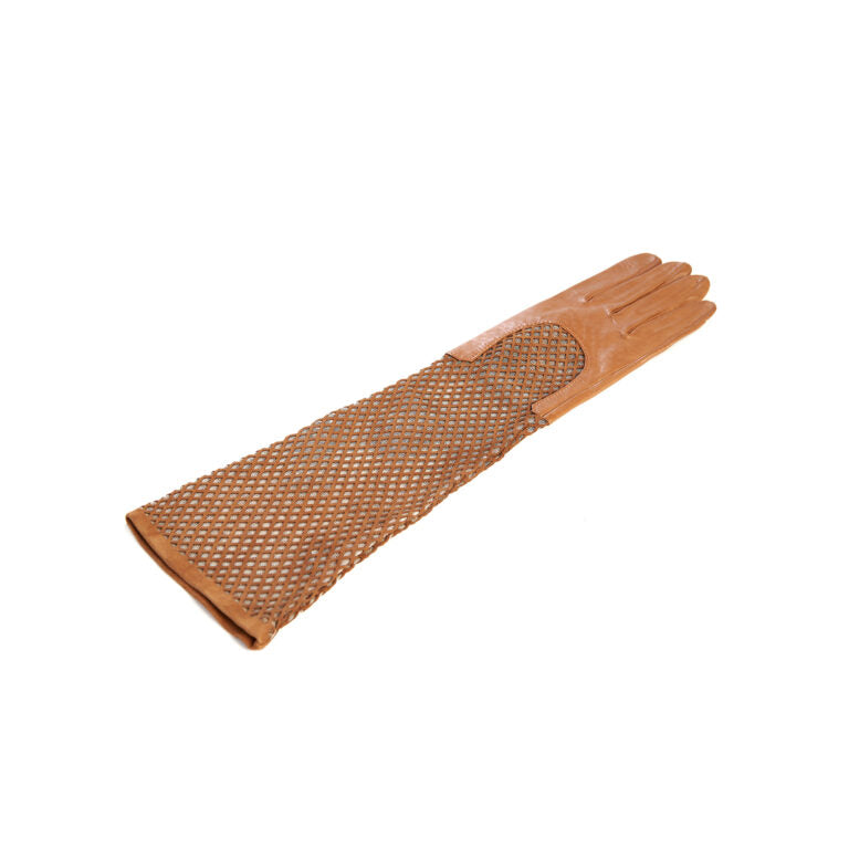 Light tan leather glove with a woven mesh design, showcasing exquisite Italian craftsmanship and elegant style.