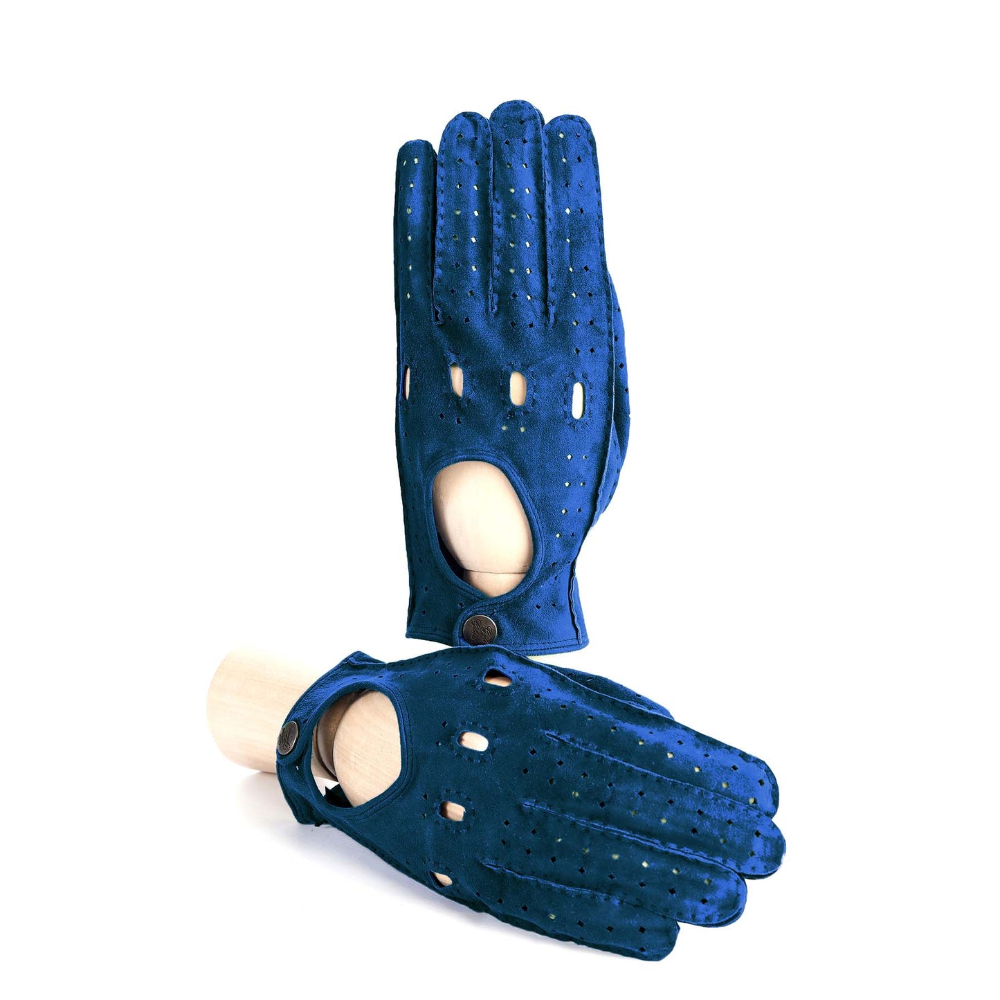 Guanti da guida da uomo sfoderati in pelle scamosciata cuciti a mano colore blu elettrico con chiusura con bottoni
