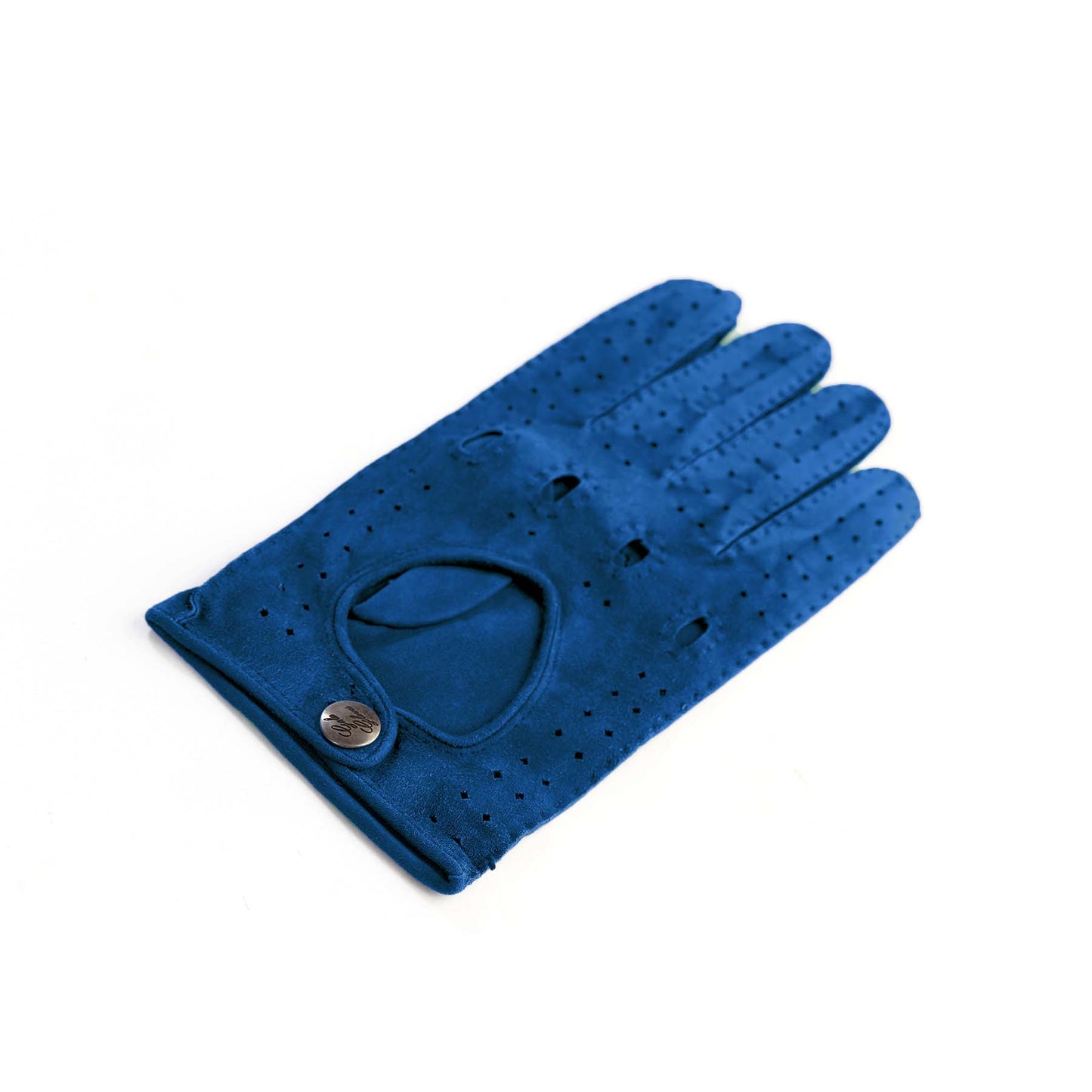Guanti da guida da uomo sfoderati in pelle scamosciata cuciti a mano colore blu elettrico con chiusura con bottoni