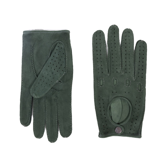 Men's unlined hand-stitched suede driving gloves with button closure