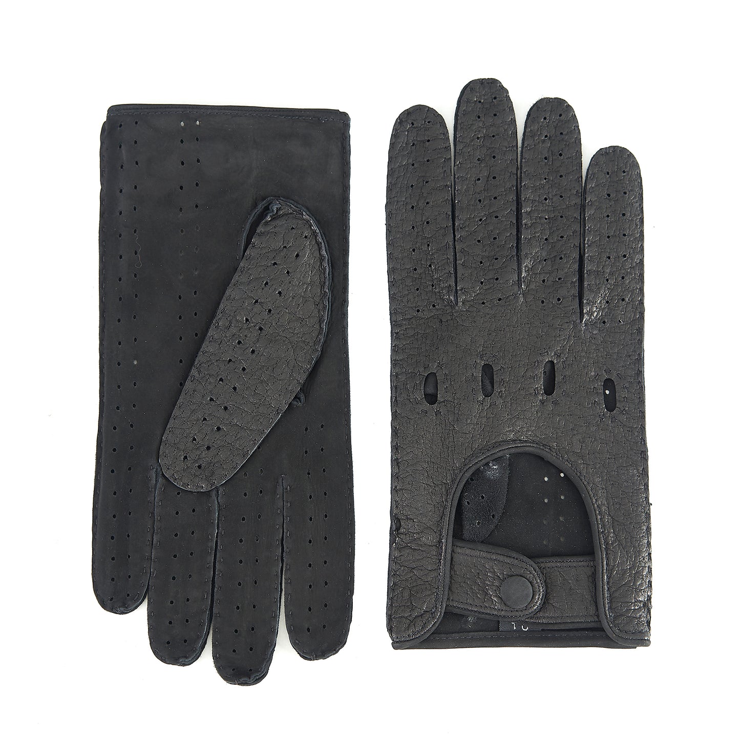Men's unlined black peccary leather driving gloves with nabuck palm and button closure