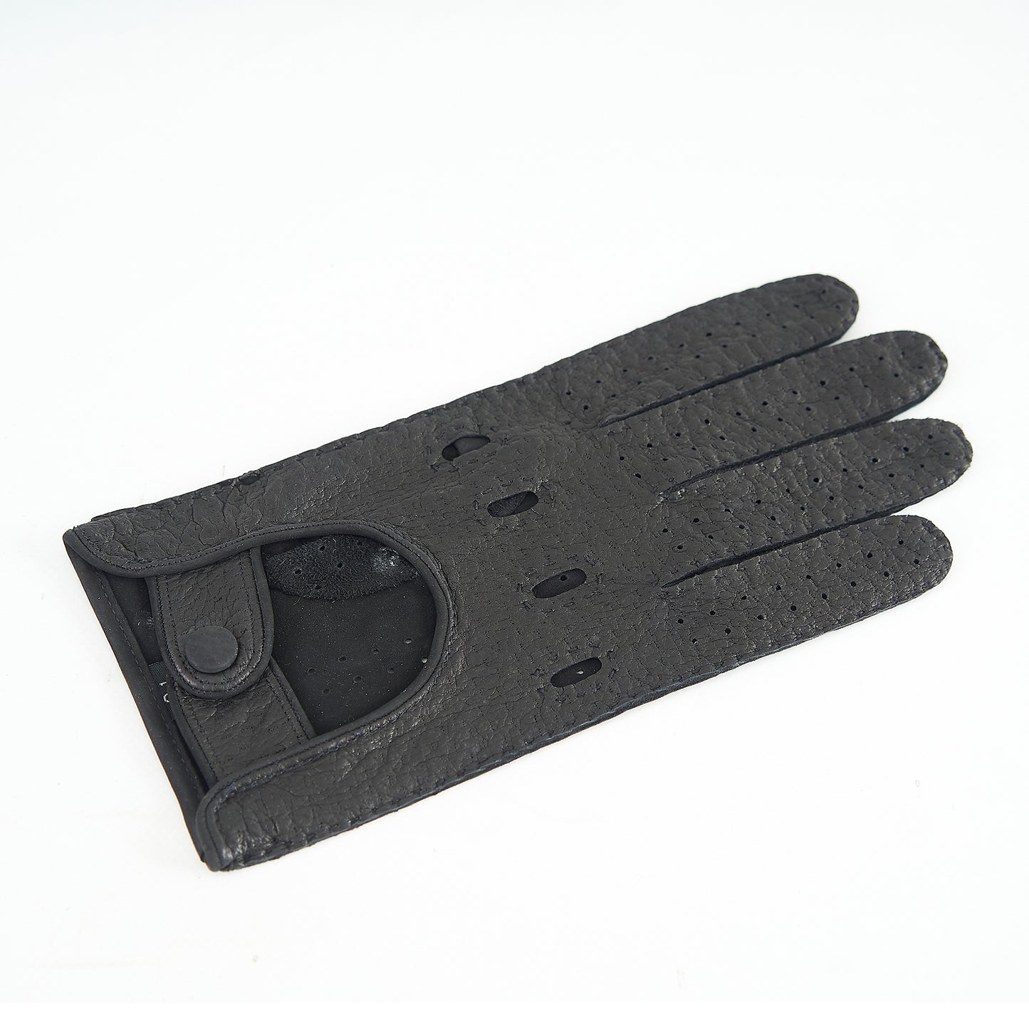 Men's unlined black peccary leather driving gloves with nabuck palm and button closure