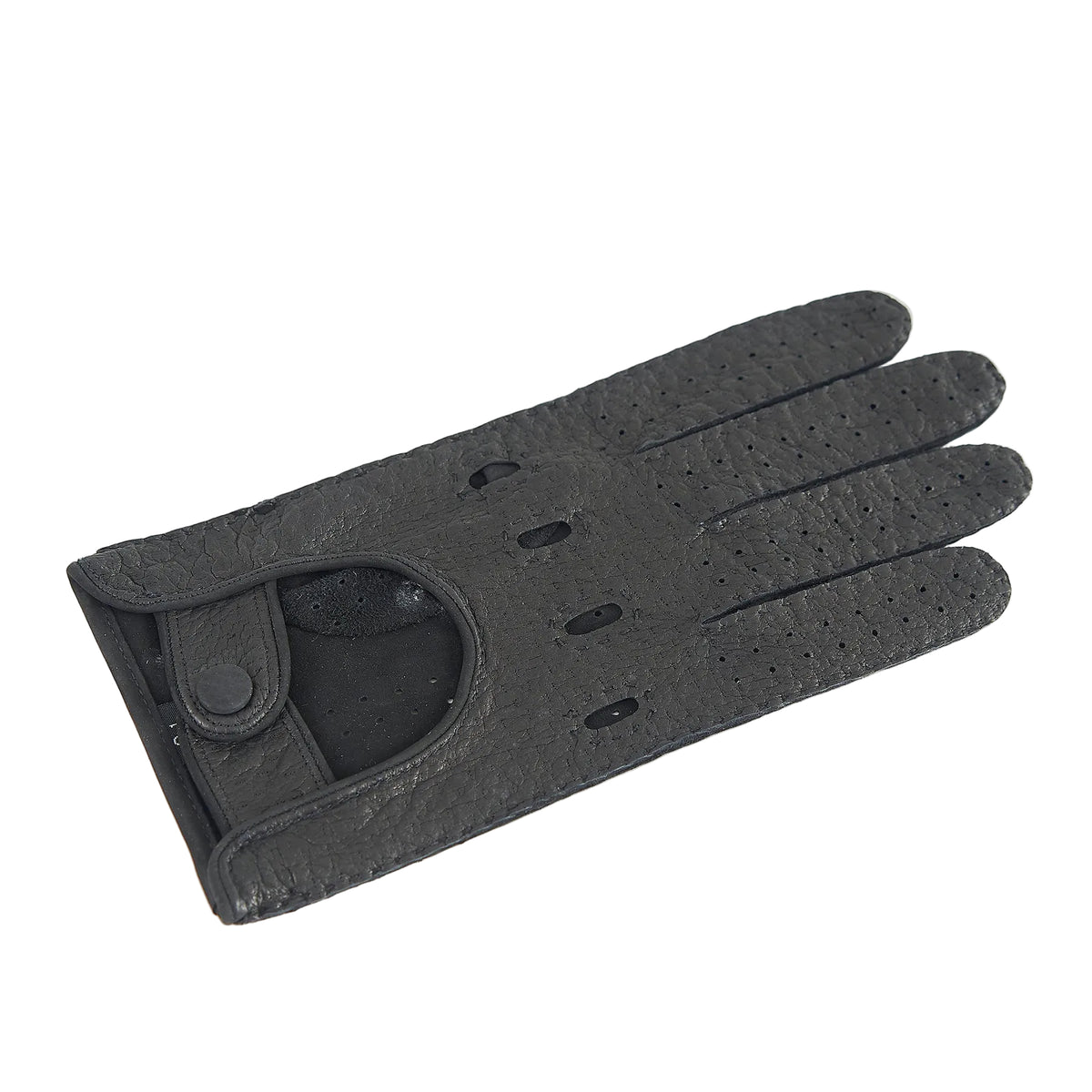 Men's unlined black peccary leather driving gloves with nabuck palm and button closure