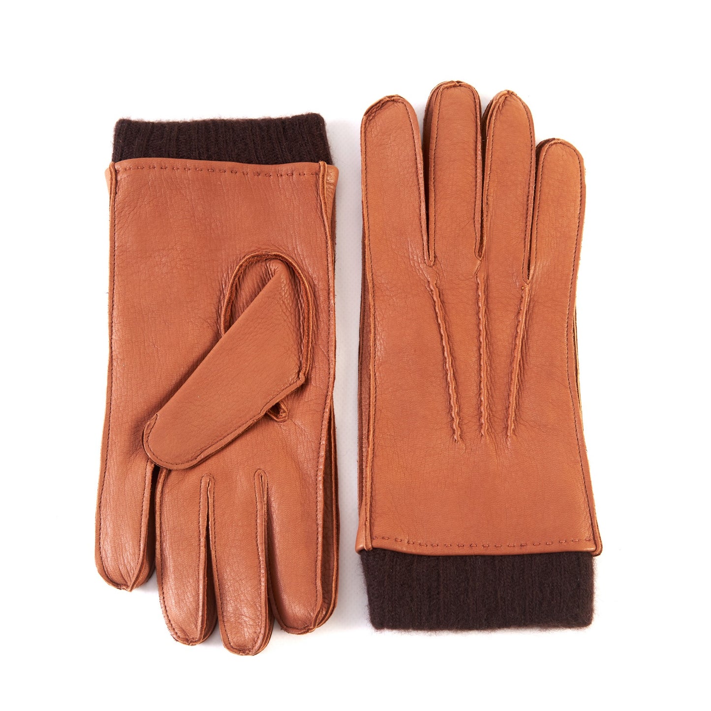 Men's soft brick deerskin gloves with brown cuff and cashmere lining