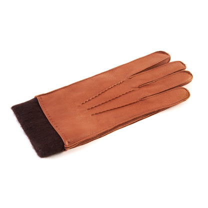 Men's soft brick deerskin gloves with brown cuff and cashmere lining