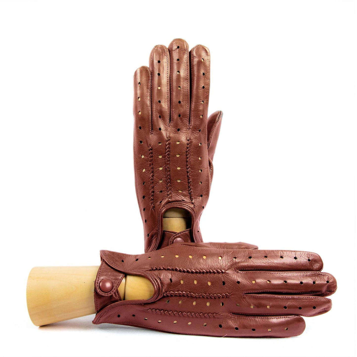 Men's cognac leather driving gloves with button closure