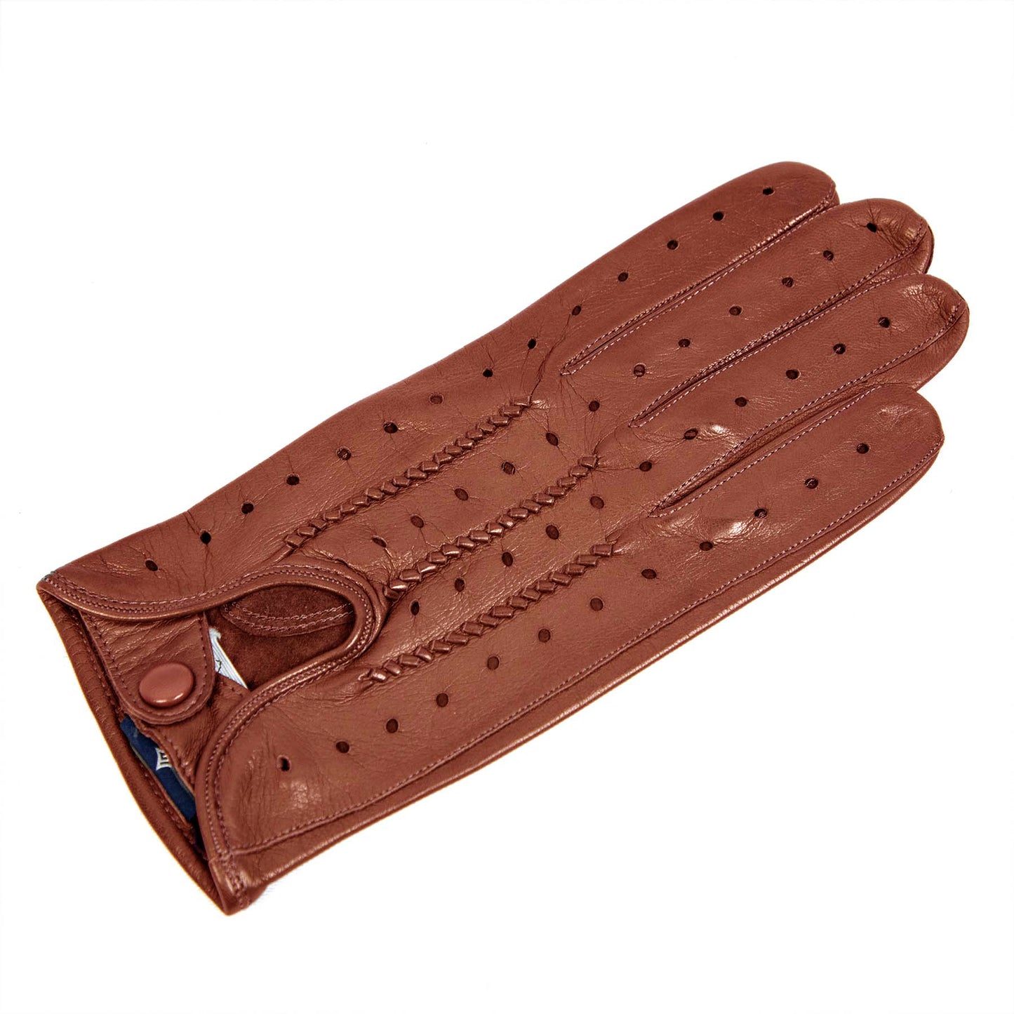 Men's cognac leather driving gloves with button closure
