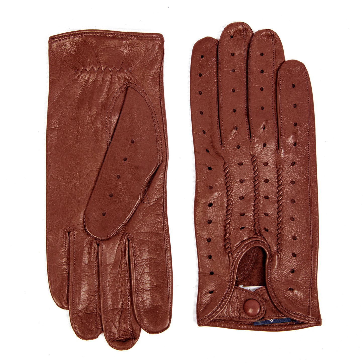 Men's cognac leather driving gloves with button closure