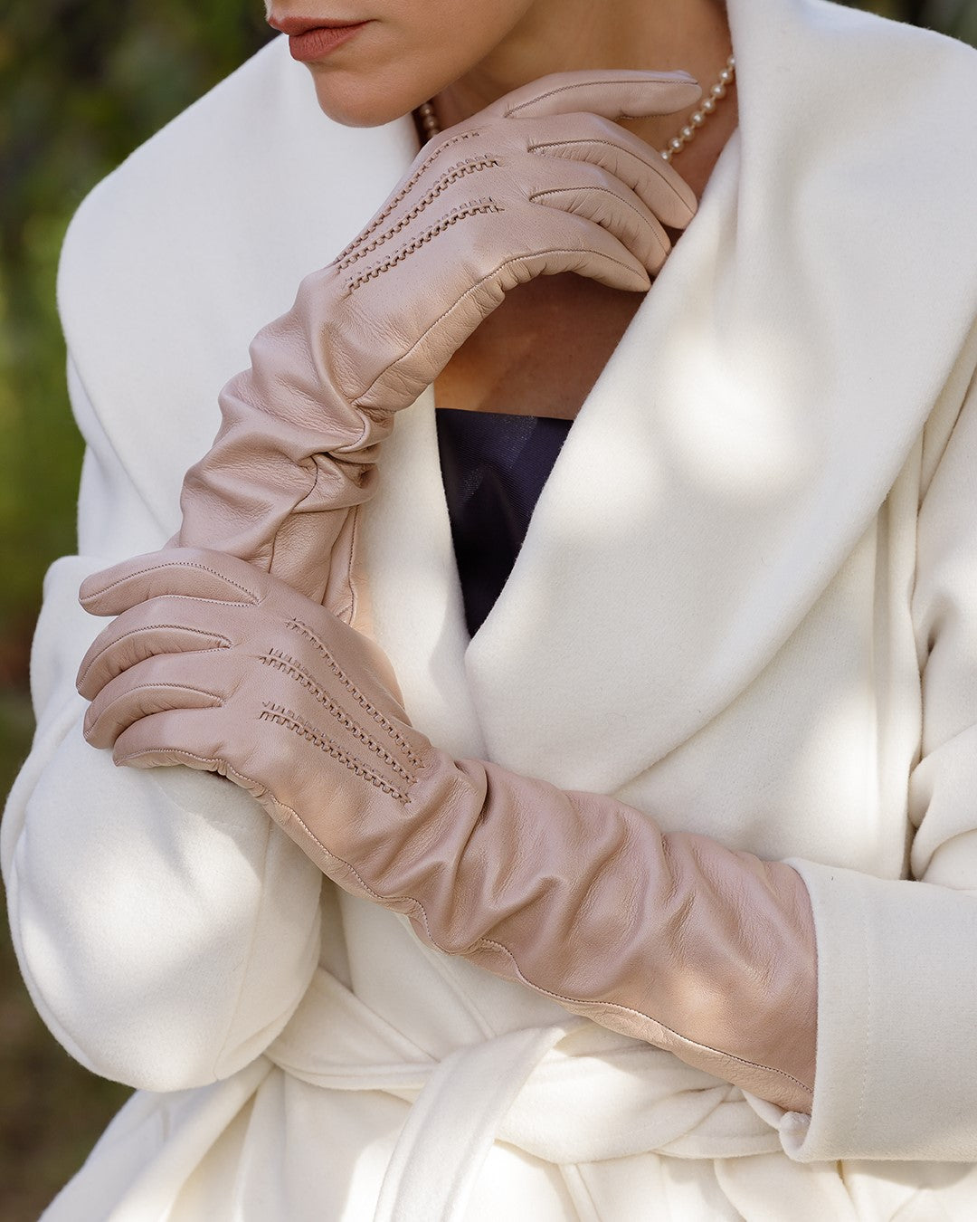 Women's pink nappa elegant gloves long to elbow and silk lined
