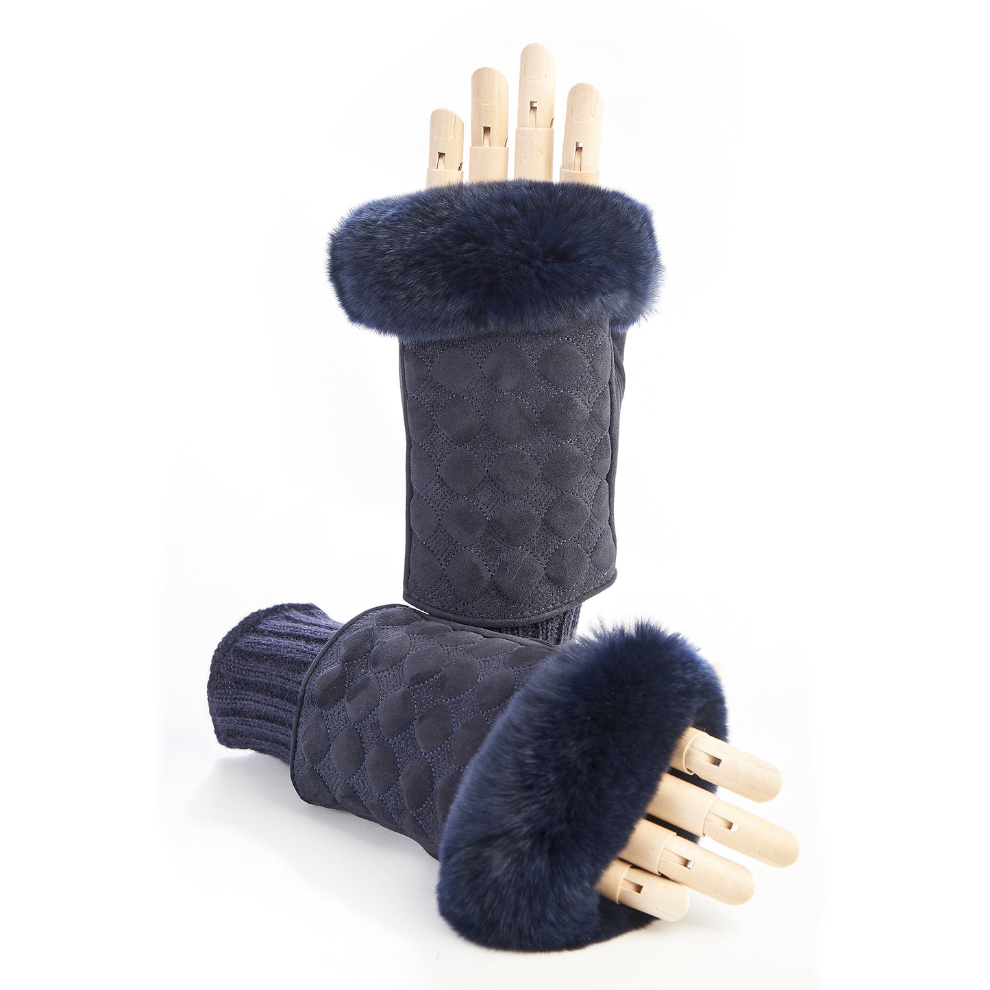 Women's suede leather fingerless with wool cuff and natural fur on finger tips