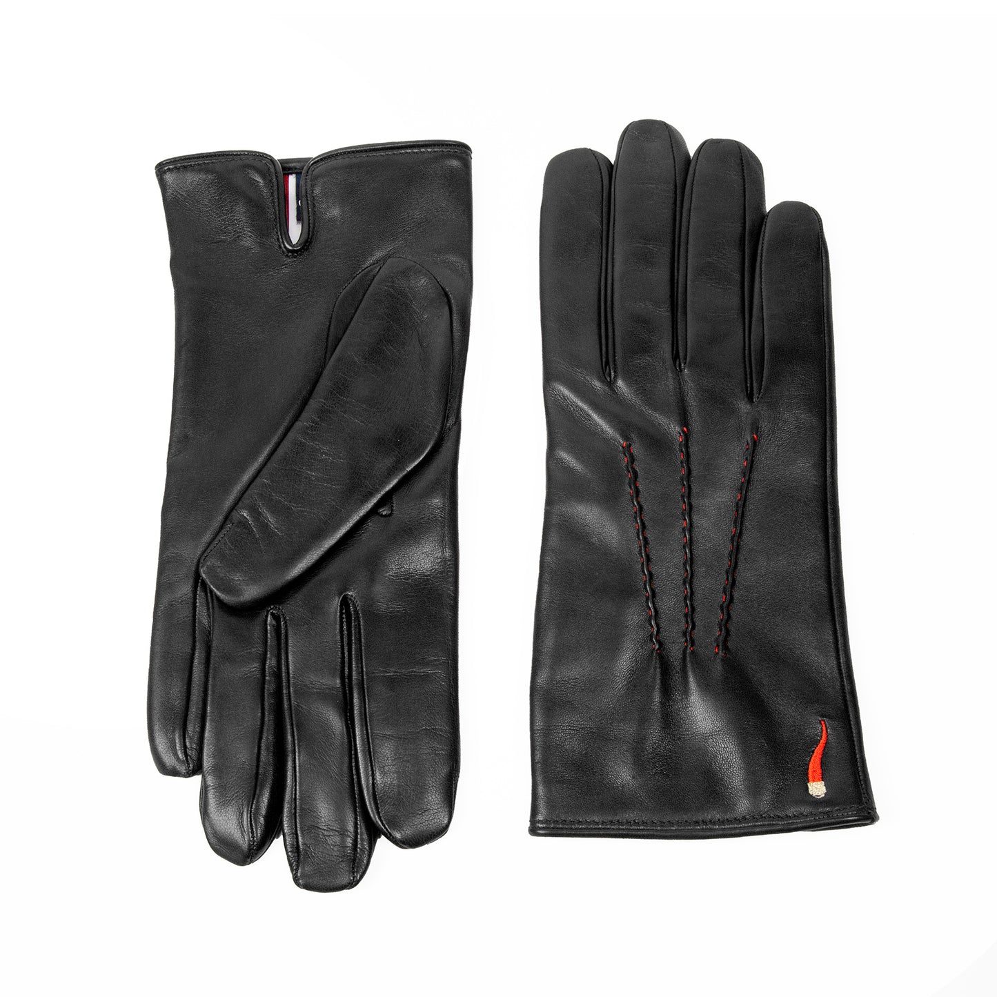 Men's black nappa leather gloves "Curniciello" with 3 red points on top and cashmere lining