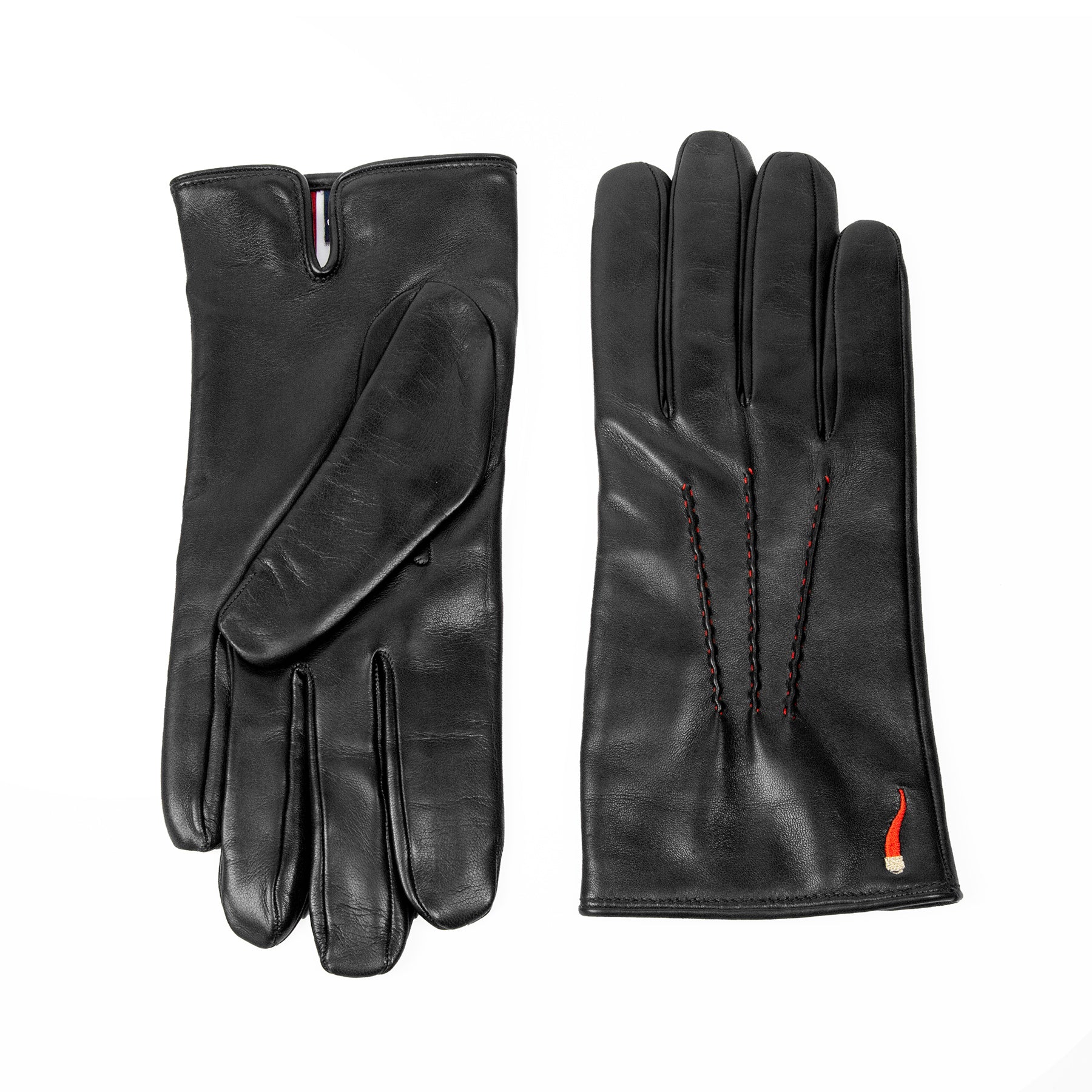 Men's black nappa leather gloves "Curniciello" with 3 red points on top and cashmere lining