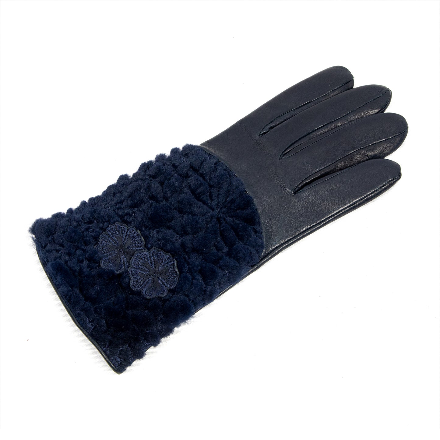 Women's blue nappa leather gloves with floral embroidered fur on top