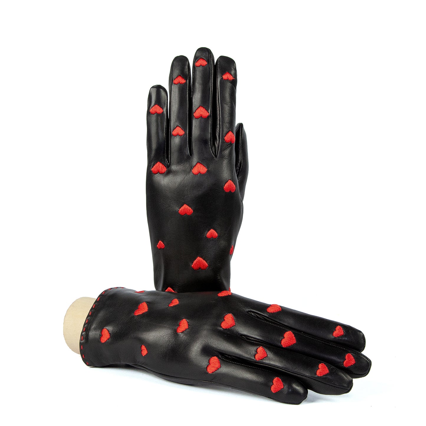 Women's black nappa leather gloves with red hearts on top red hand-stitching details and cashmere lining