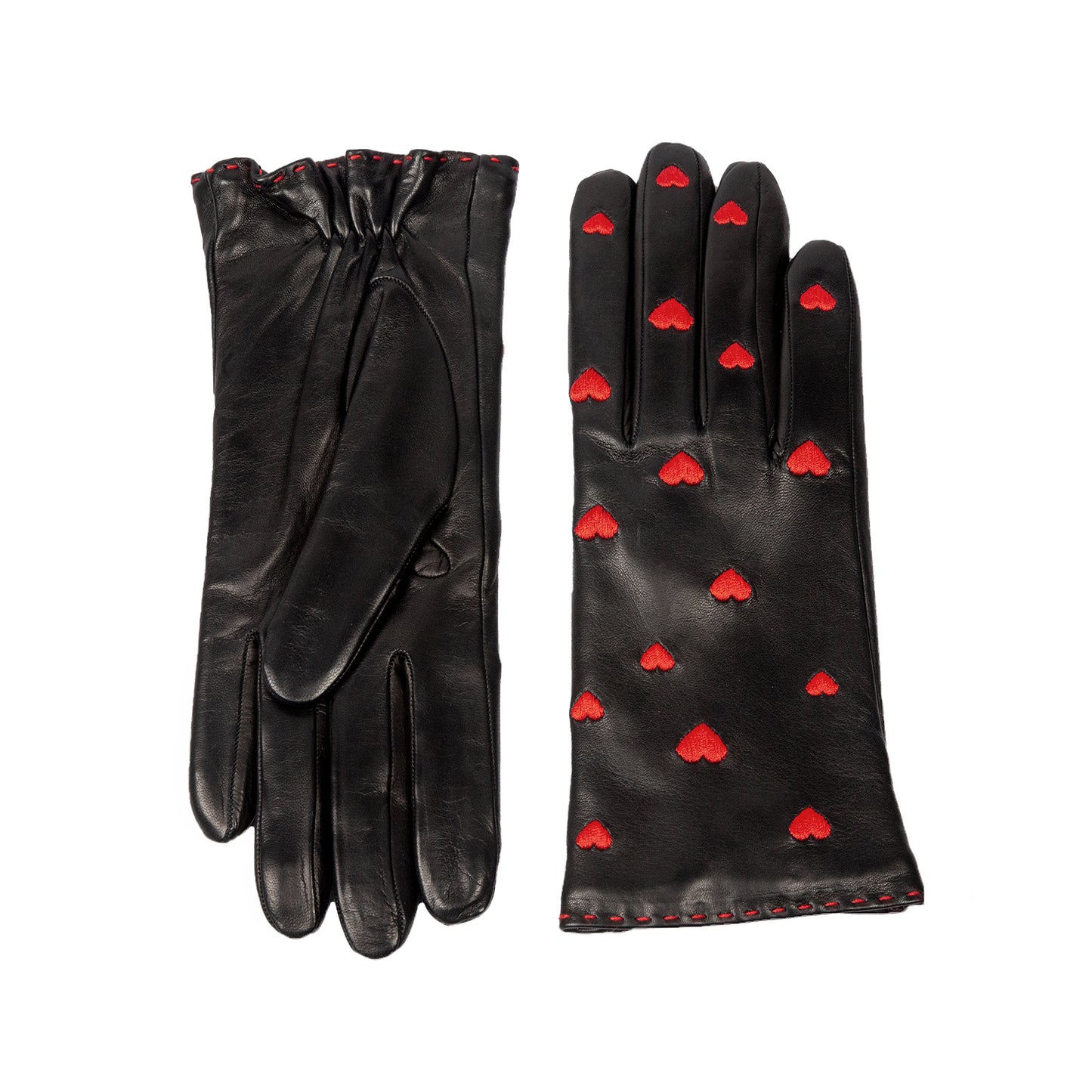 Women's black nappa leather gloves with red hearts on top red hand-stitching details and cashmere lining