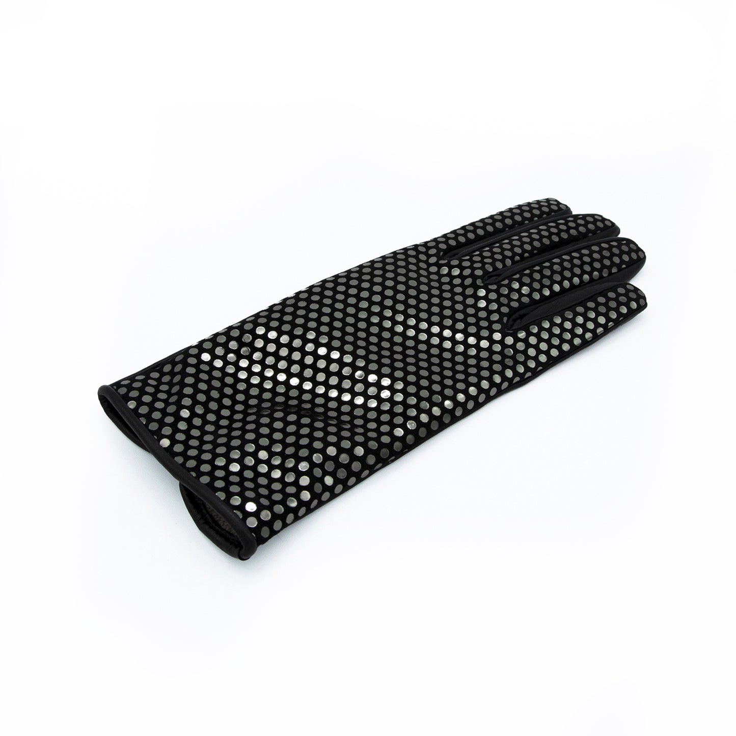 Women's black nappa leather gloves with a polka dot suede back