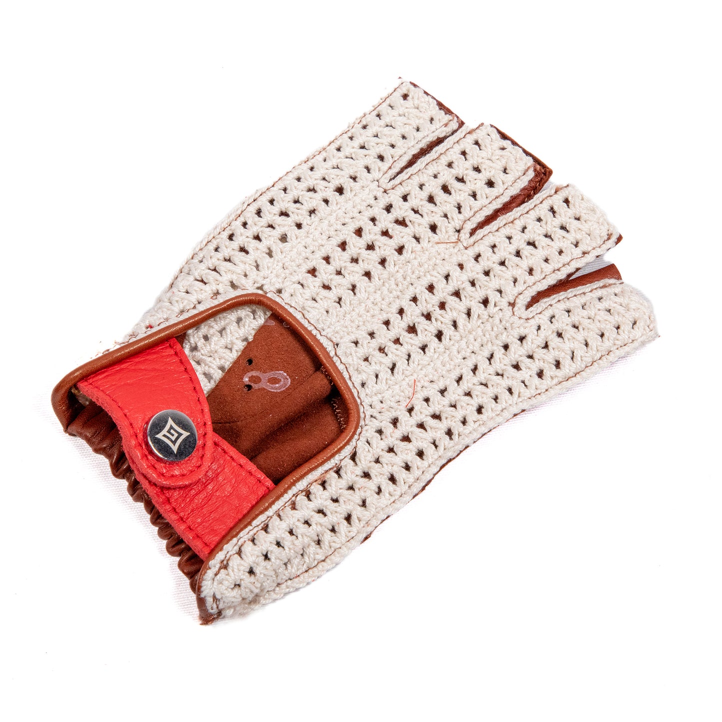 Men's half fingers cognac leather driving gloves with crochet top and red deerskin flap