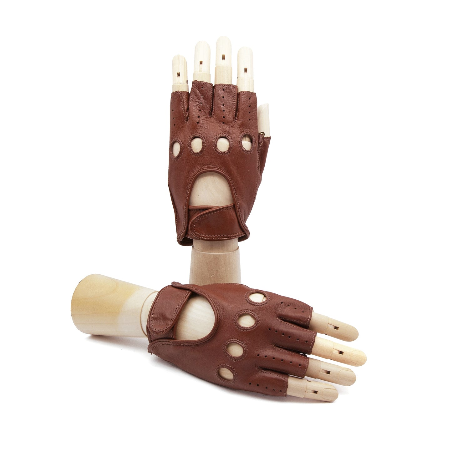 Men's cognac leather half fingers driving gloves with strap closure