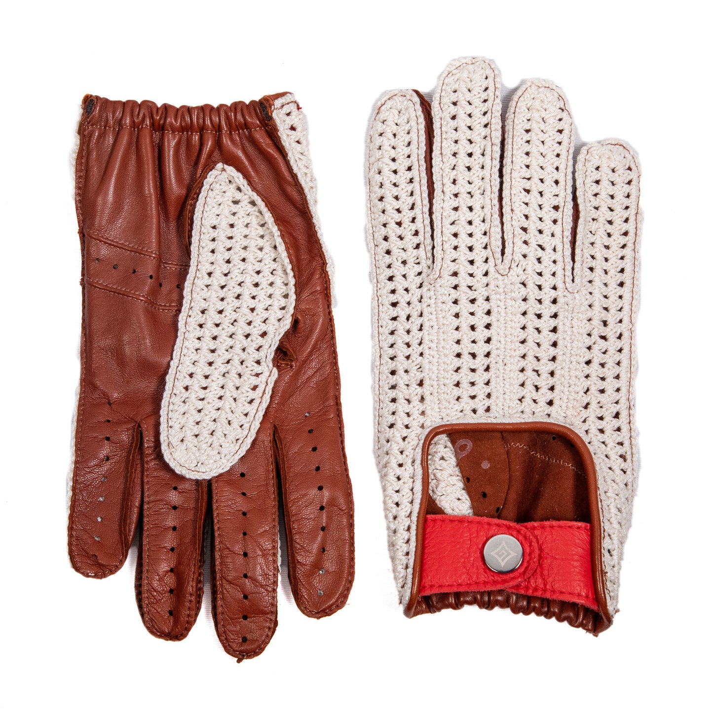 Men's cognac leather driving gloves with crochet top and red deerskin strap